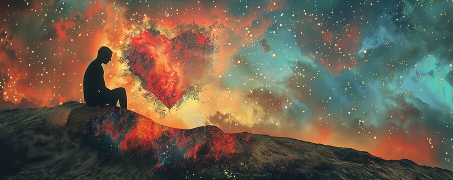 Digital Collage of Contemplate selfawareness in the cosmic perspective of heartache.