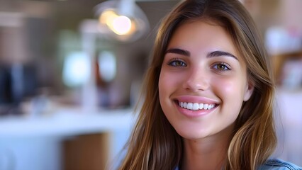 Young woman exudes confidence after dental consultation and teeth cleaning. Concept Confident Smile, Dental Consultation, Teeth Cleaning, Young Woman, Confidence Boost