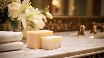 Fototapeta na wymiar Scented soap in bathroom, handmade diy cosmetic product, luxury body care gift and spa bath experience