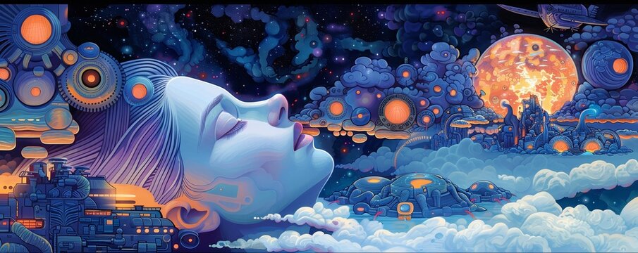 Fantasy Art ofIllustrate a complex machinery system regulating REM sleep cycles ensuring optimal rest and rejuvenation for dreamers.