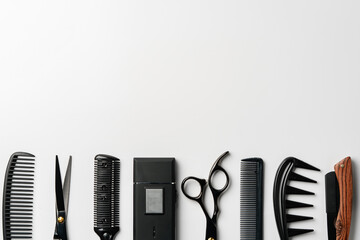 Set of barber tools for haircut on gray background flat lay