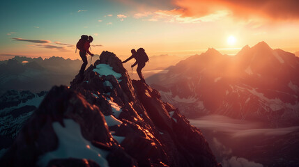 Two climbers reaching the summit of a mountain at sunrise, with a dramatic view of snow-capped peaks and clouds below. - Powered by Adobe