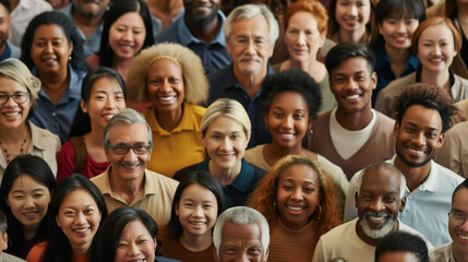 A diverse group of people of various ages and ethnic backgrounds smiling at the camera, representing unity and diversity.