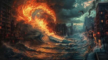 Photorealism of Depict the dynamic relationship between the sea and fire intertwined in a seedy urban environment.