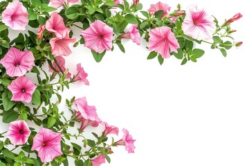 A row of pink flowers with green leaves