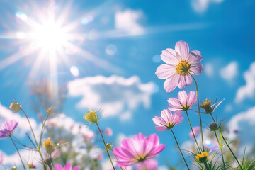 A field of flowers with a bright blue sky in the background