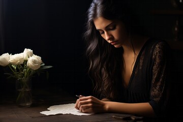 A woman is seated at a table, focused on writing a farewell letter. Tears stream down her face as she pours her emotions onto the paper