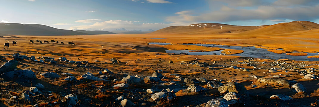 A herd of reindeer grazing on a vast tundra landscape, with the setting sun casting long shadows across the uneven ground
