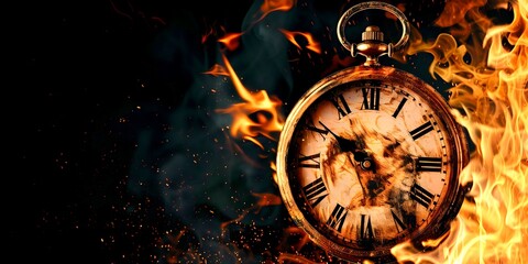 Vintage clock on fire on black background