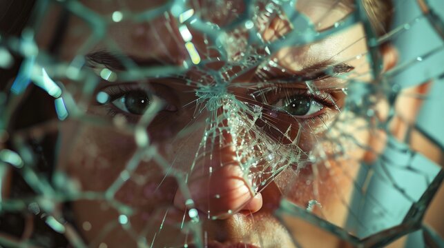 An angry individual with a shattered mirror reflecting a distorted self-image