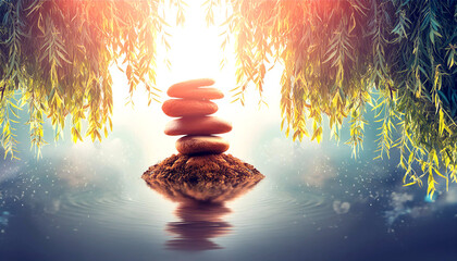Divine Zen artwork of piled stones on tiny sand pile in the lake. AI generated.