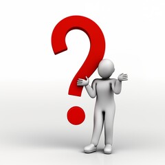 3D Render of a Character Posing with a Large Red Question Mark on a White Background