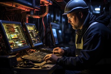 A man wearing a headset is focused on a computer screen in a dimly lit room. He is monitoring the progress of drilling operations on the screen, analyzing data and making adjustments as needed