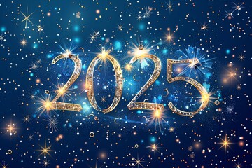 Happy New Year 2025. Holiday illustration with 2025 logo text design, sparkling confetti and shining blue stars background.