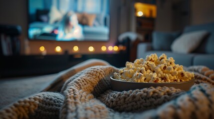 A cozy movie night at home, with blankets, popcorn, and a classic film playing on the screen.