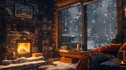 A cozy cabin retreat with a crackling fireplace and snow falling outside the window.