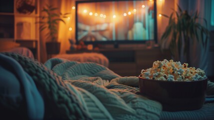 A cozy movie night at home, with blankets, popcorn, and a classic film playing on the screen.
