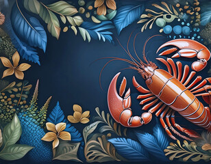 Frame of Red Lobster, Seaweed on Blue Background Illustration AI
