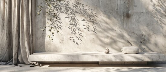 A summer outdoor setting with a white concrete table, a natural curtain, and the shadow of a plant on a cement wall. Ideal for showcasing products in a simple and understated style.