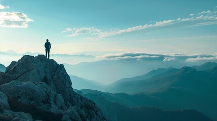 A hopeful individual standing on a mountain peak, looking towards the horizon