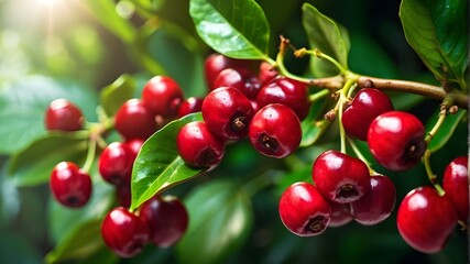 Red coffee cherries with shimmering light effects on lush green greenery.