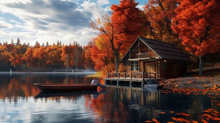 A peaceful lakeside cabin with a rowboat moored at the dock, surrounded by autumn foliage.