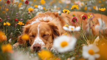 Dog sleeping peacefully among colorful wildflowers. Close-up nature photography. Relaxation and pet care concept. Design for greeting card, postcard
