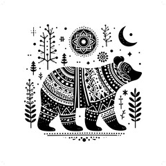 grizzly bear silhouette in bohemian, boho, nature illustration