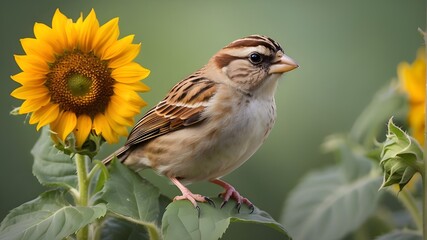 A wonderful bird wildlife photo of a lively sparrow perched on a sunflower stem, inquisitively posed and isolated on white.