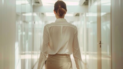 Back view of a businesswoman walking down a brightly lit office corridor.