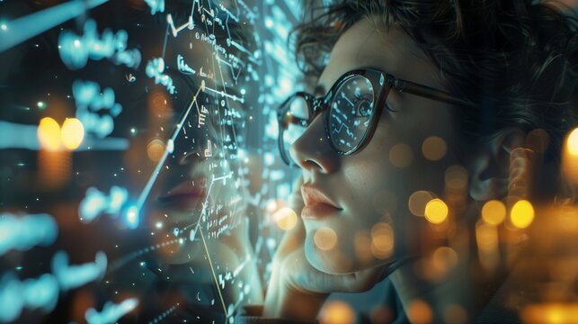 A person in deep thought, with a complex equation written on a clear glass board