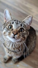 An image featuring a tabby kitten, its vibrant green eyes catching the viewer's attention