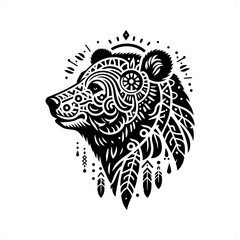 grizzly bear silhouette in bohemian, boho, nature illustration