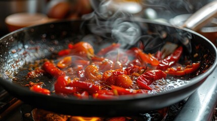 Photo of cooking hot sauce from tomatoes and chili peppers in a frying pan