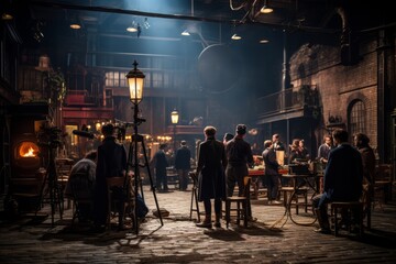 Actors rehearsing lines on a soundstage for a period piece film