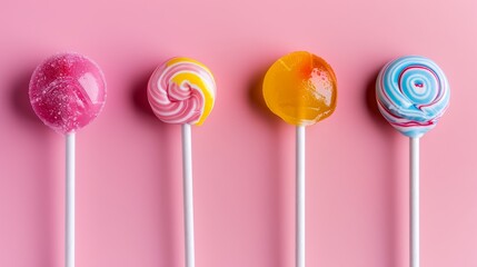 Colorful spiral and round lollipops on a pink background. Studio still life photography. Candy shop and party treats concept