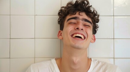 Teenager laughing with his head thrown back in genuine joy casual setting.