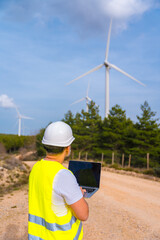 Rear view of worker of a wind energy park using laptop