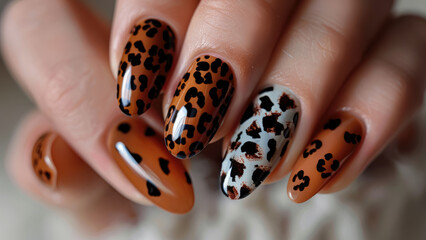 Wild Elegance: A Stylish Manicure Design Featuring Brown Tones and Leopard Pattern