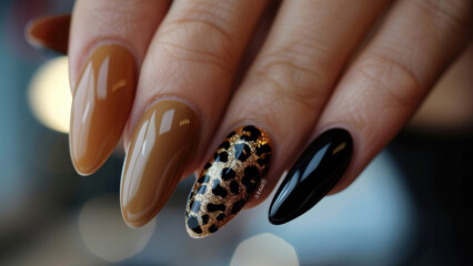 Wild Elegance: A Stylish Manicure Design Featuring Brown Tones and Leopard Pattern
