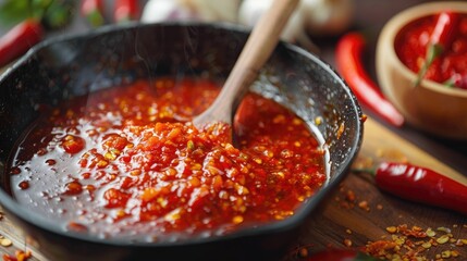 Photo of freshly cooked red hot sauce in a saucepan and with a spoon