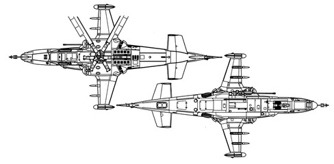 Drawing of russian military helicopter. Black shark.
General view. Top,  bottom view. Cad scheme.