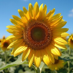 Close-up of a Vibrant Sunflower with Bright Yellow Petals and a Large Brown Center, Symbolizing Summer and Happiness