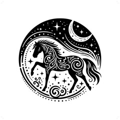 Horse silhouette in bohemian, boho, nature illustration