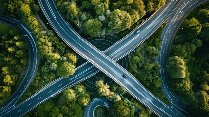 Top down aerial view of transportation highway overpass, ringway, roundabout