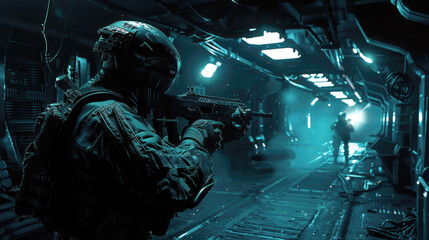 Futuristic soldier holds weapon inside dark spaceship or space base, military shoots from machine gun in alien spacecraft. Theme of uniform, game, future and war