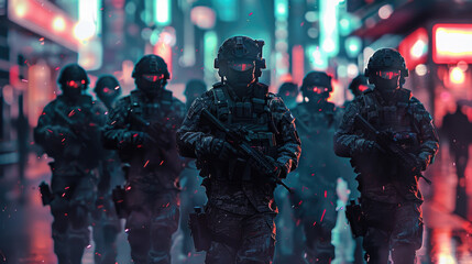 Futuristic soldiers or police in masks holding guns at cyberpunk city, portrait of special military team on dark street at night. Theme of cyber future, modern uniform and wa