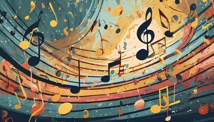 A colorful swirl of musical notes with a yellow background