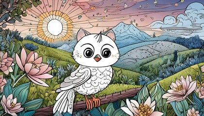 A cartoon owl is perched on a branch in a lush green field