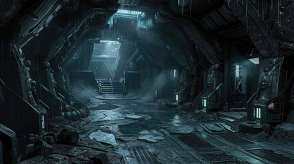 Spooky gloomy interior of alien spaceship or base, scary corridor inside dark extraterrestrial spacecraft, futuristic scene. Theme of future, space, scifi, horror,